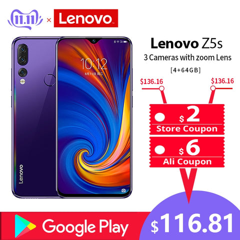 Global ROM Lenovo Mobile Phone 6GB 64/128GB Smartphone Z5S 6.3 Inch 2340*1080 Rear Camera 16.0MP 8.0MP 5.0MP Octa Core Phones