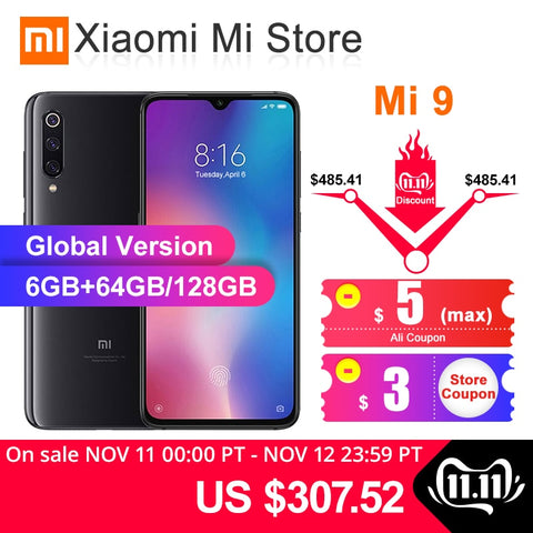 Global Version Xiaomi Mi 9 Mi9 6GB/64GB 6GB/128GB Mobile Phone Snapdragon 855 Octa Core 6.39" AMOLED Display 48MP AI Triple